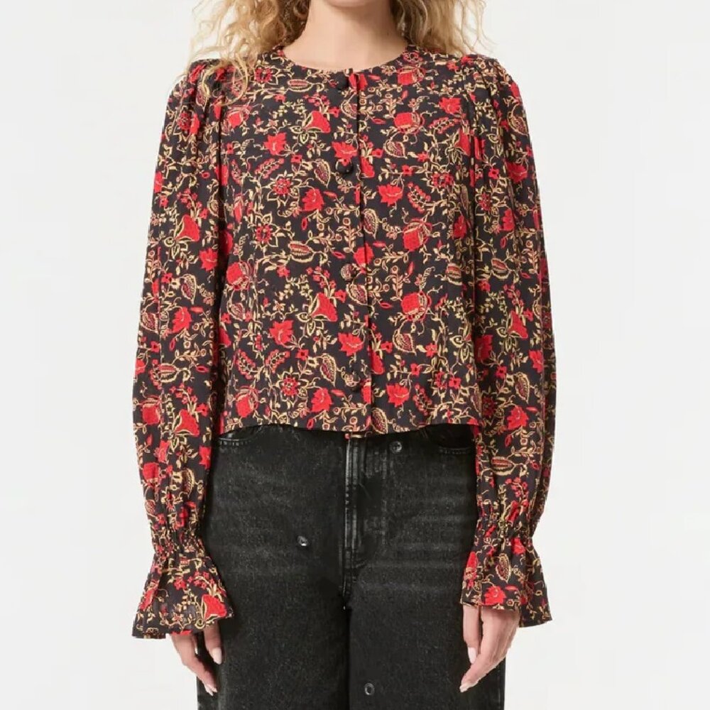 NWT RHODE MARISA BLACK BUTTON UP BLOUSE TOP IN LA TOILE RED FLORAL PRINT